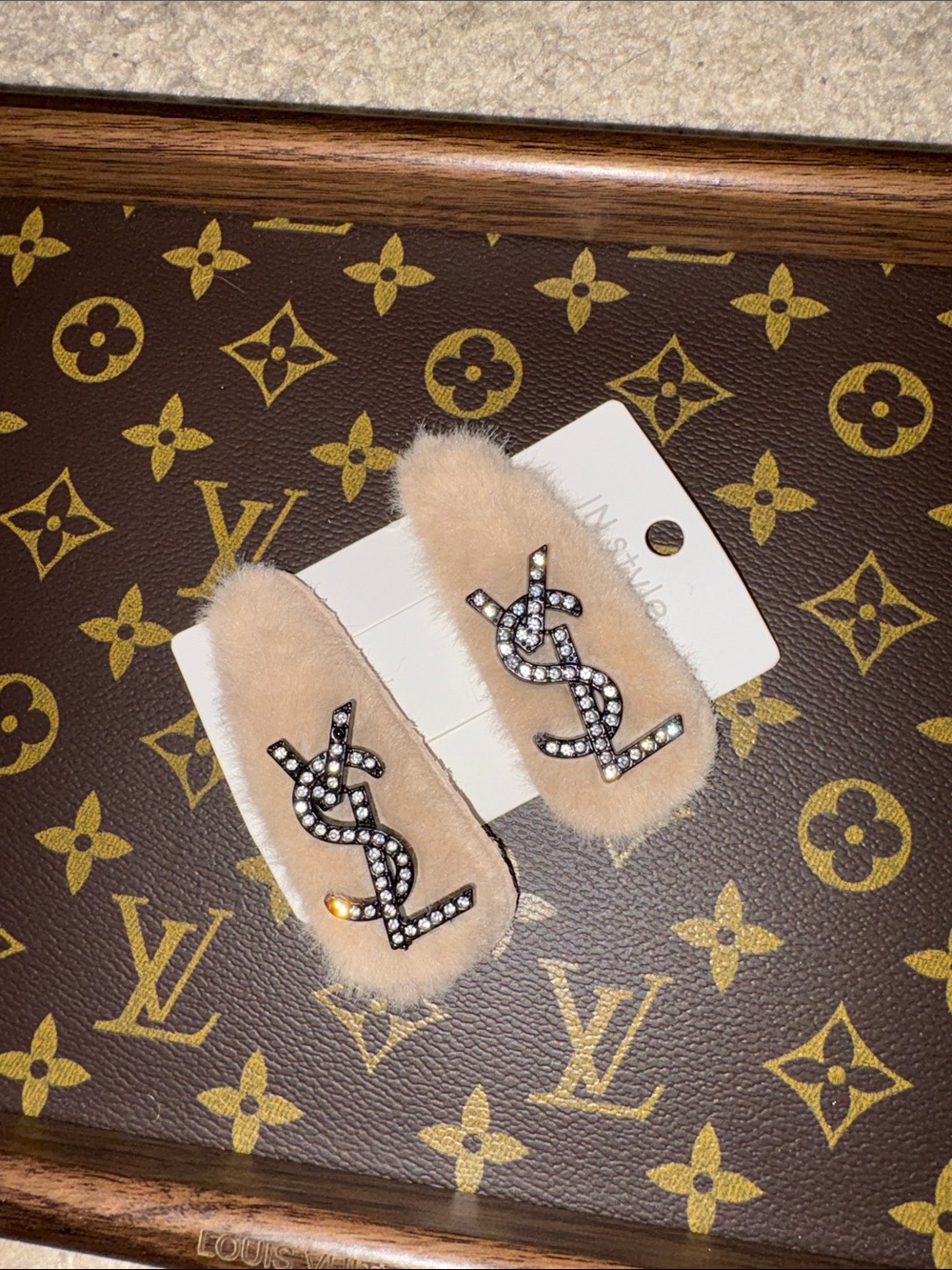 Beige Faux Fur Hair Clips with Monogram Accent